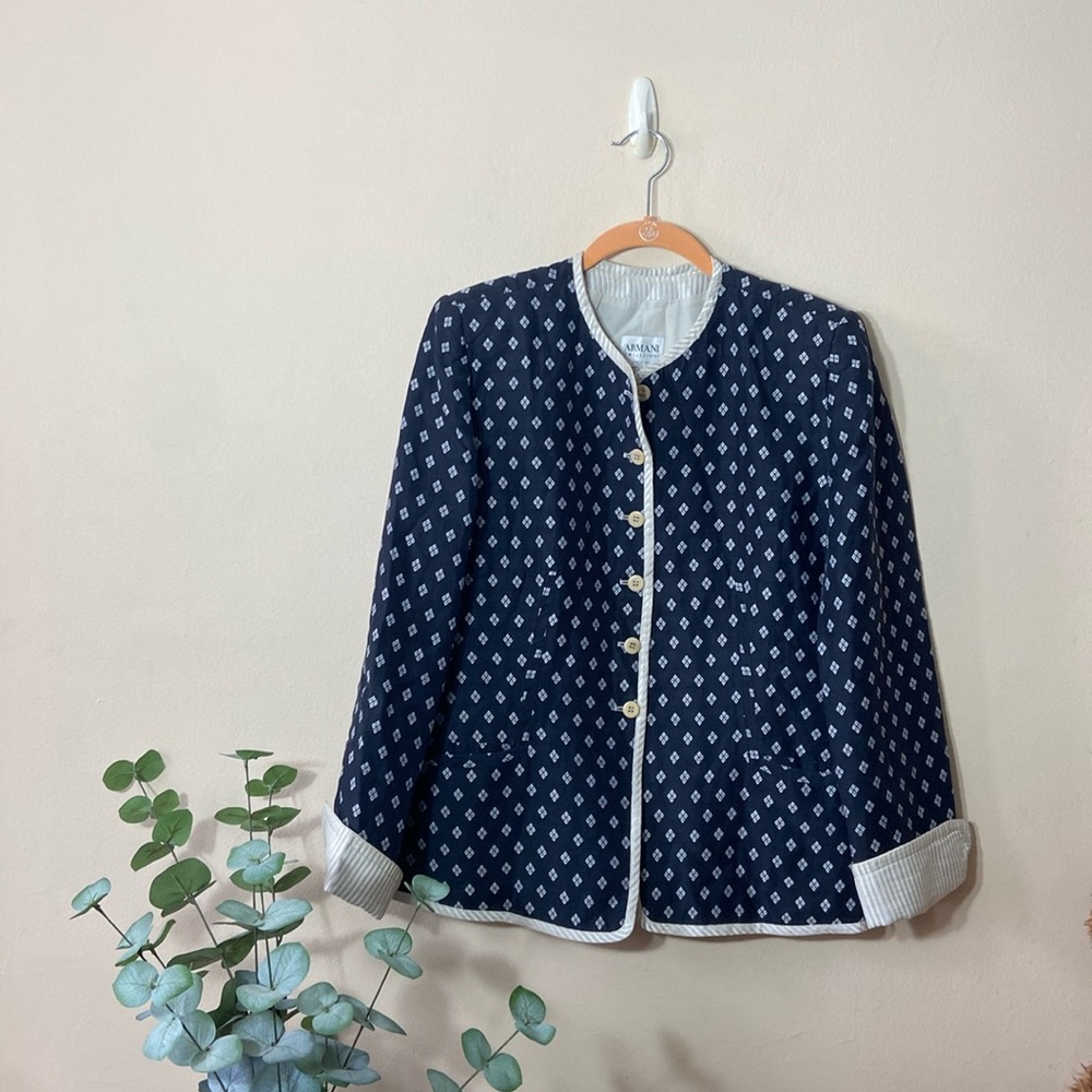 Vintage Armani Collezioni Navy White Blazer Jacket 80's 90's Women 14 Plus